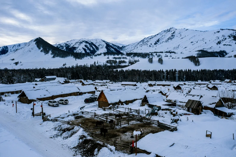 small village surrounded by a snowy mountain range