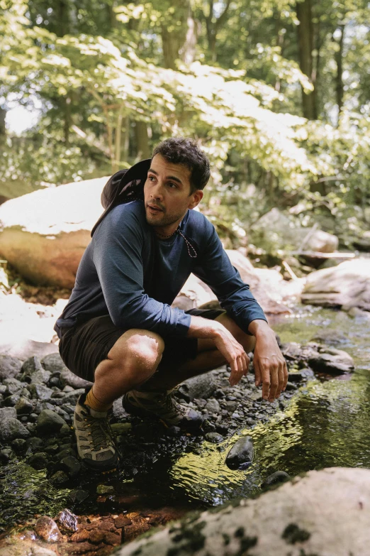 a man with backpack sitting on rocks in a stream