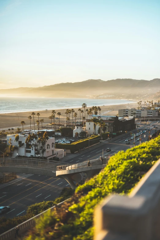 the ocean is shown next to a bunch of houses and trees