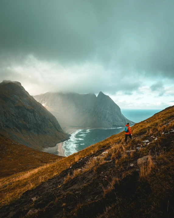 a person standing on the side of a hill looking at the ocean