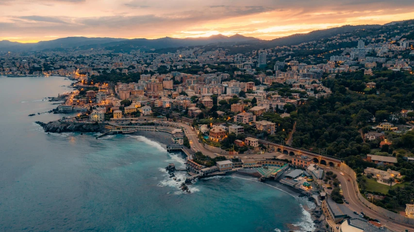 an aerial view of a bay surrounded by buildings