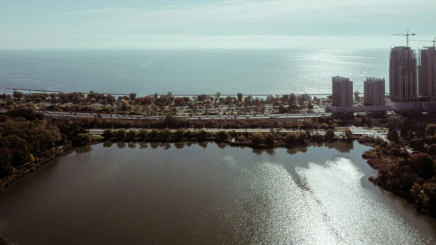 the view from above of the water and buildings