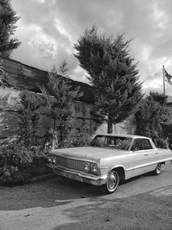 black and white pograph of an old car near trees