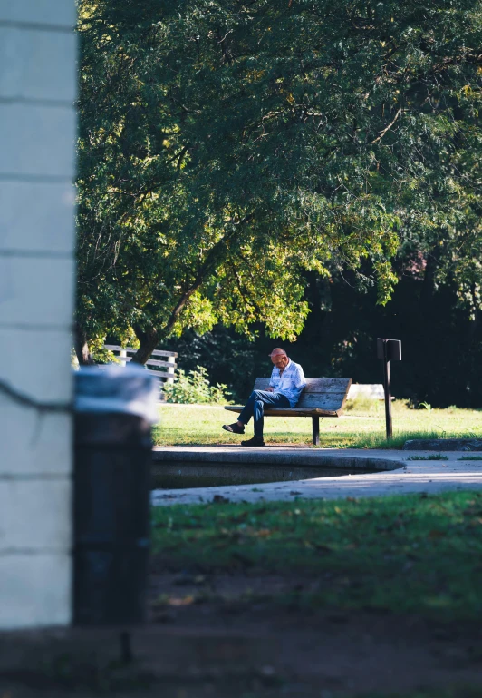 a man sitting on a park bench near a tree