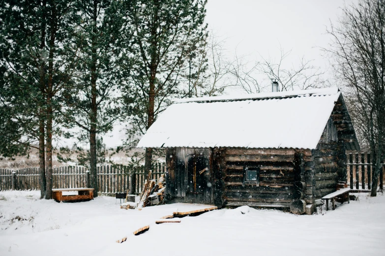 a log cabin is covered with snow in a snowy area