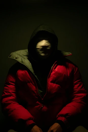 a man in a red coat sitting down with his hands crossed