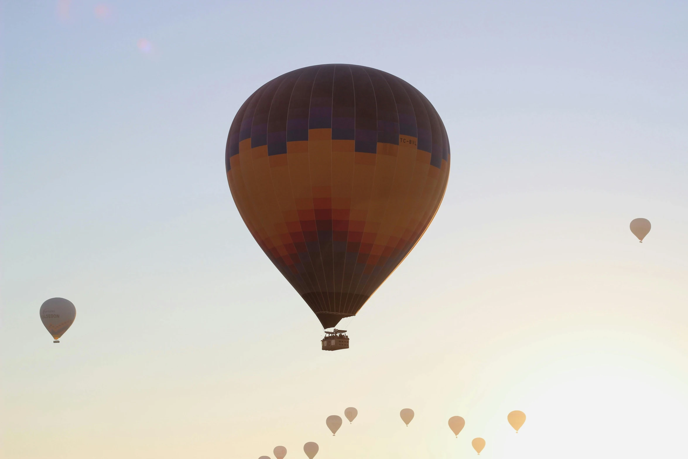 a group of balloons fly through the sky at sunset