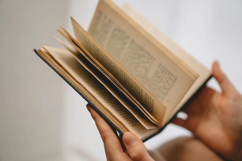 the person holds an open book in their hands