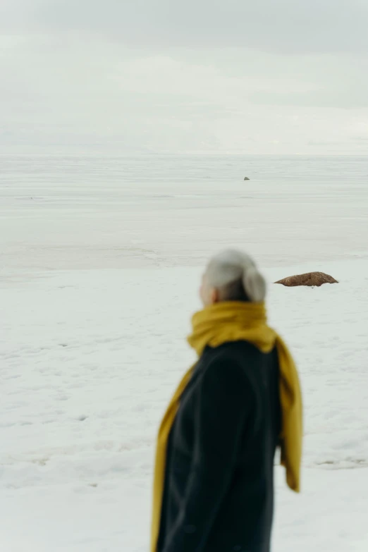 an older person walking in the snow on a cloudy day