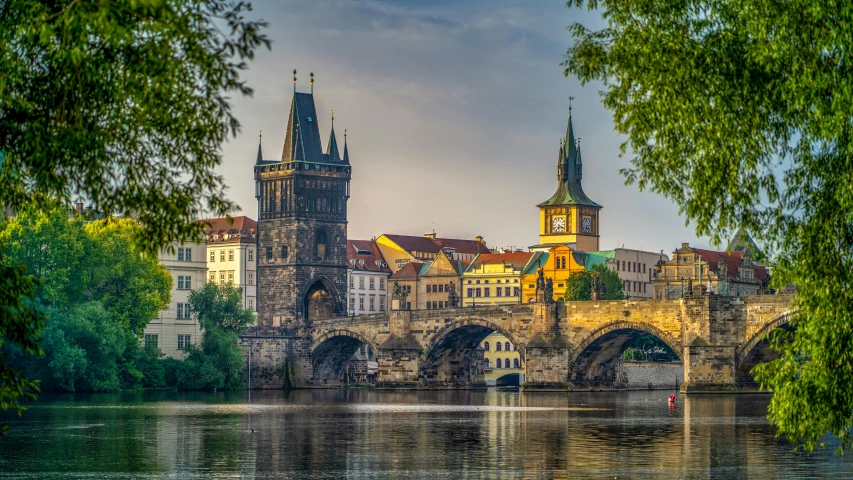 some tall buildings are next to a river