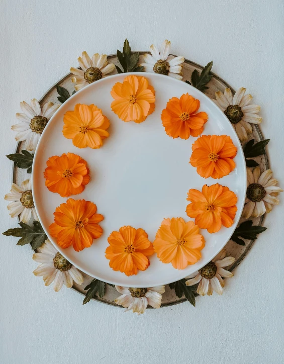 a white plate holding orange and brown flowers