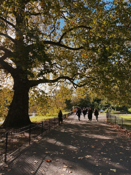 the people are walking together along the path