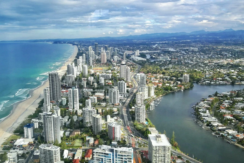 an overview view of a city and water