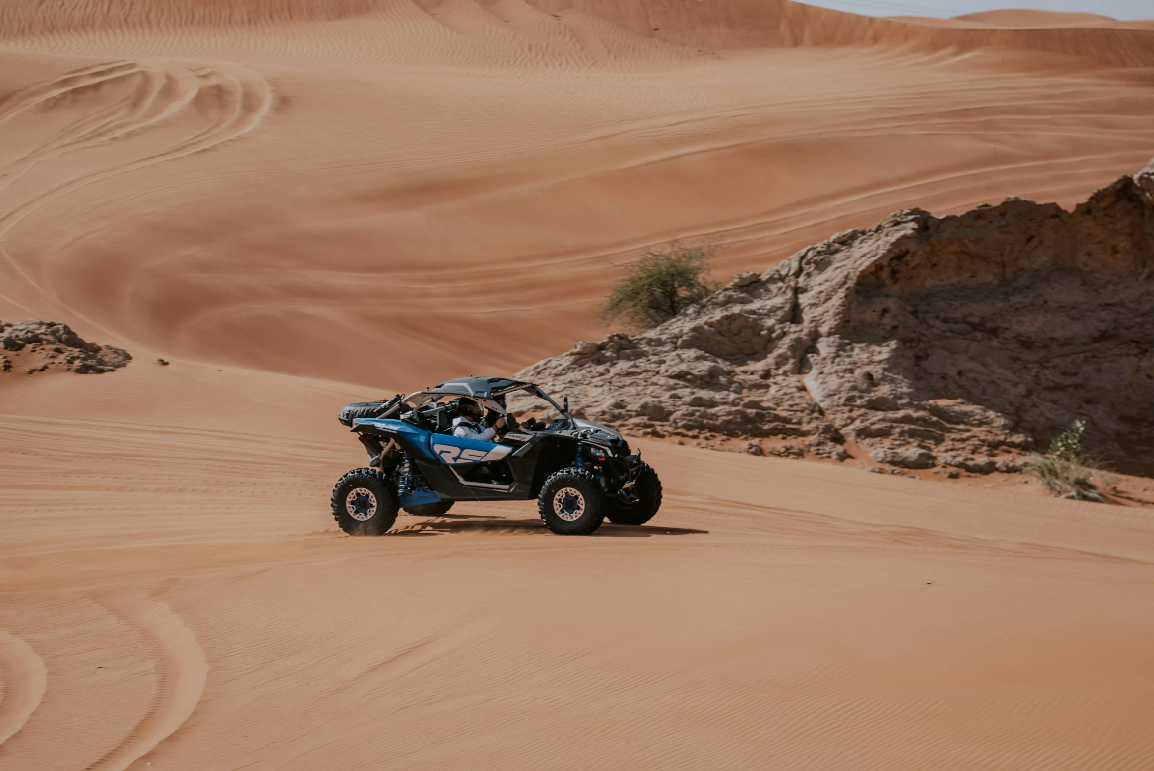 a person is riding a buggy through the desert