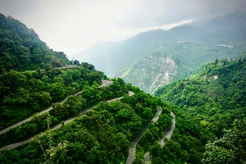winding roads run between lush green mountains and forests