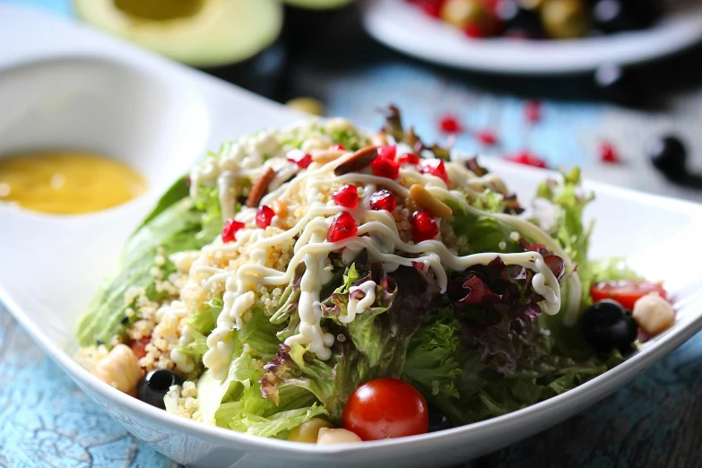 a salad in a bowl sits next to another plate with dressing