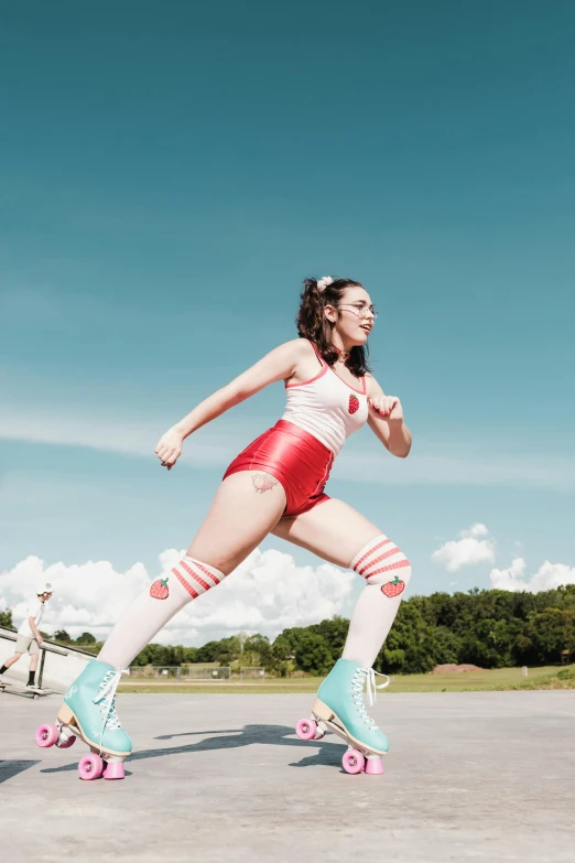 a women riding a skateboard with roller blades on the back