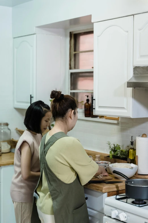 two women stand by the stove and cook in the kitchen