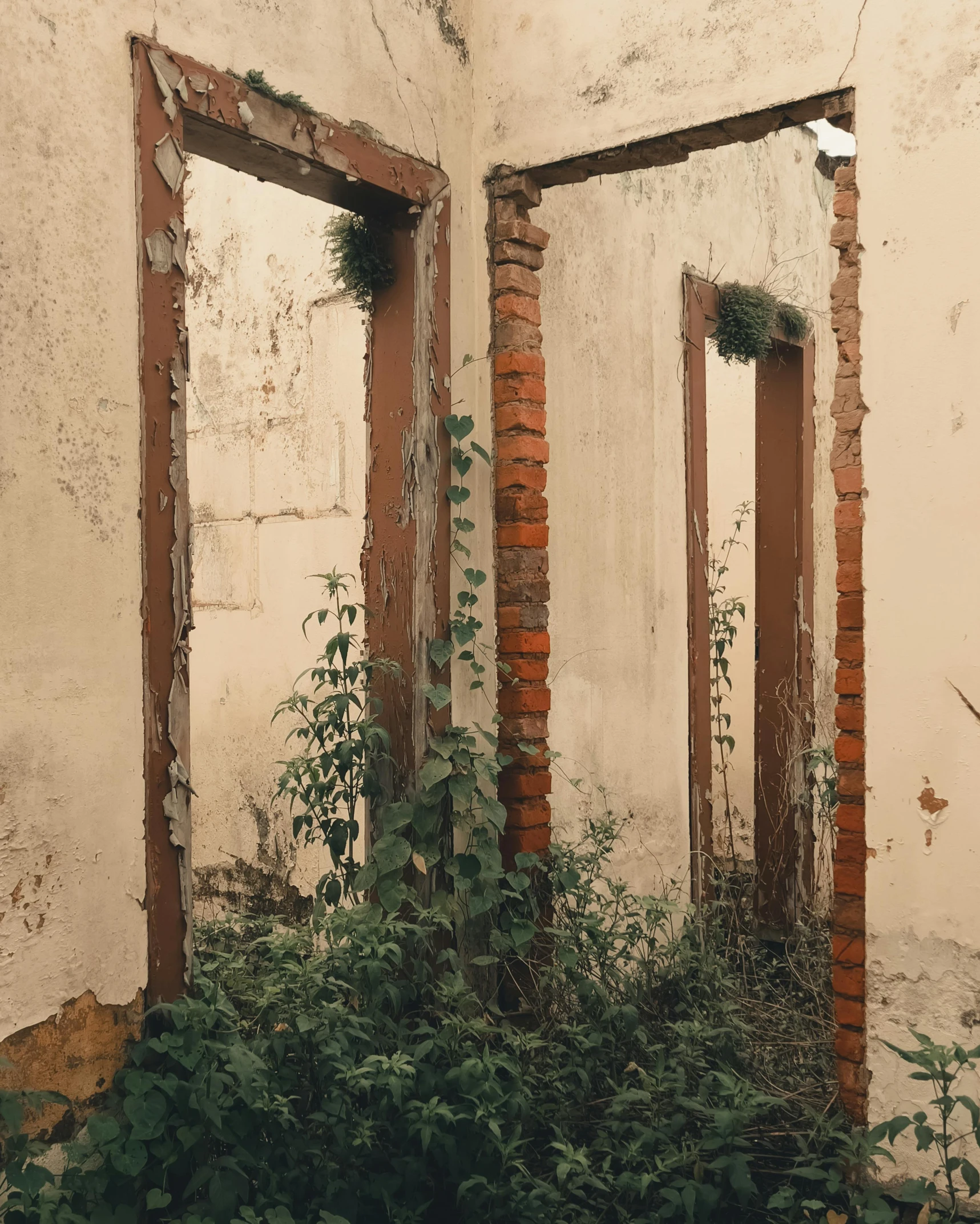 an old building with an open window and three doors with plant growing out the window