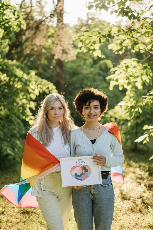 two women are carrying kites and posing together