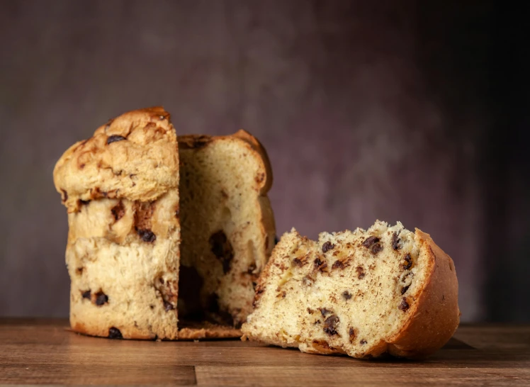 a loaf of chocolate chip bread cut in half