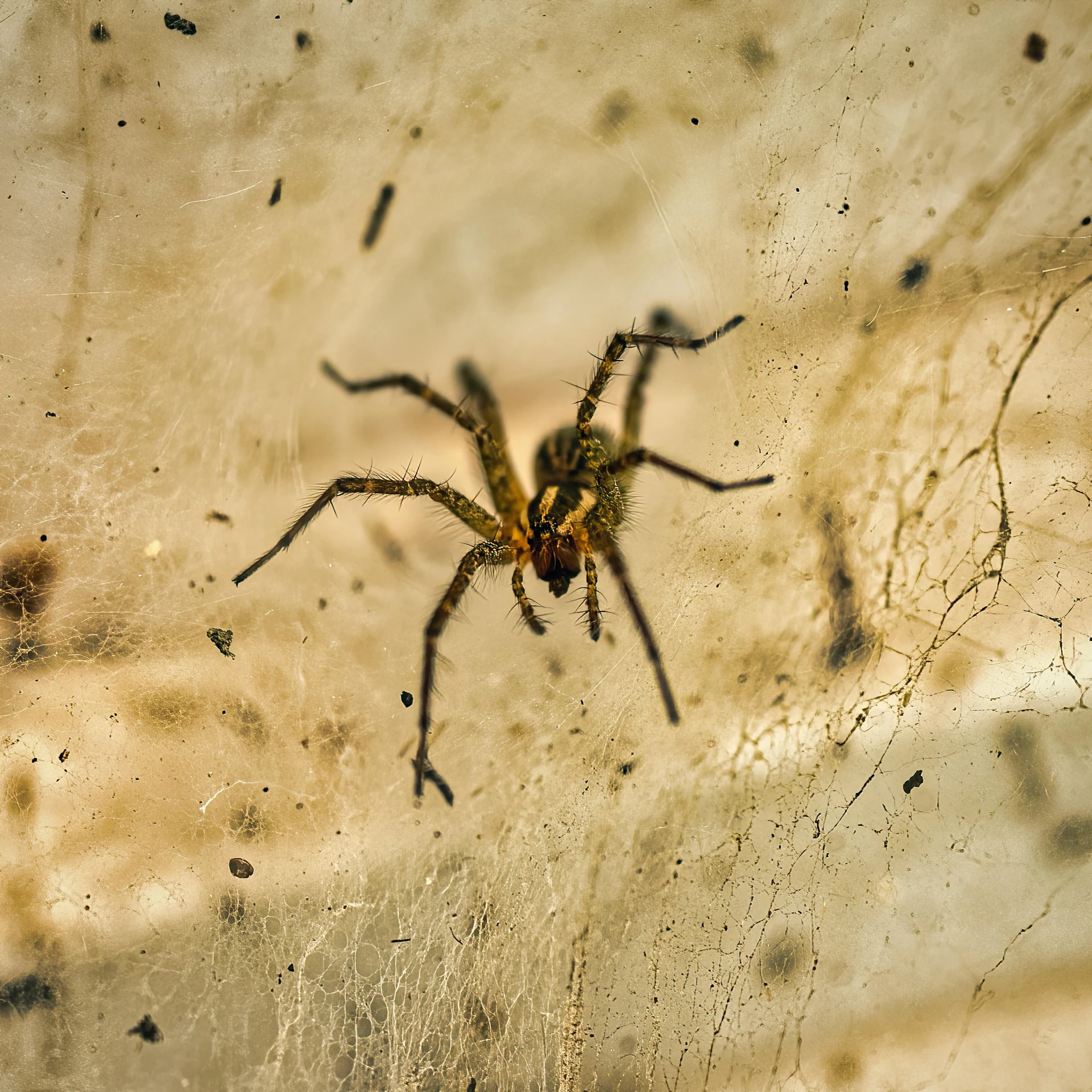 a spider crawling on the window glass looking to its right