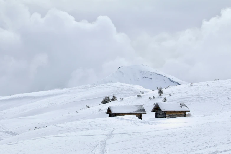 there are several small buildings in the snow