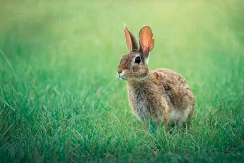 a brown rabbit in the grass looking off