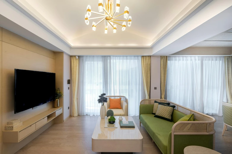 a living room with curtains and walls painted beige