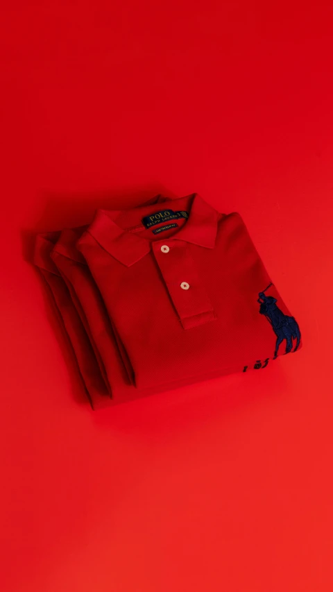 a red polo shirt that has a horse logo on the front