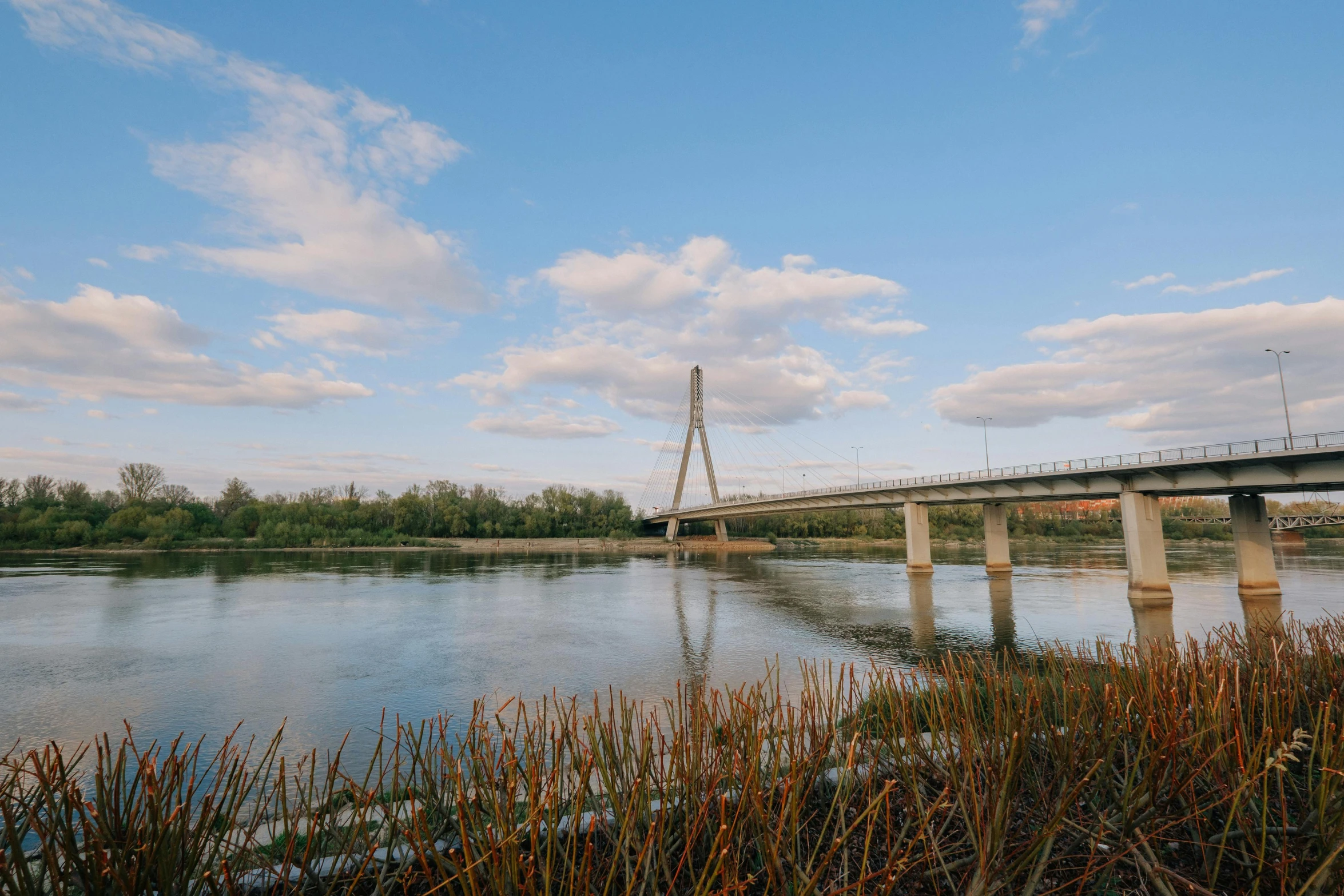 a bridge crosses the width of a large river