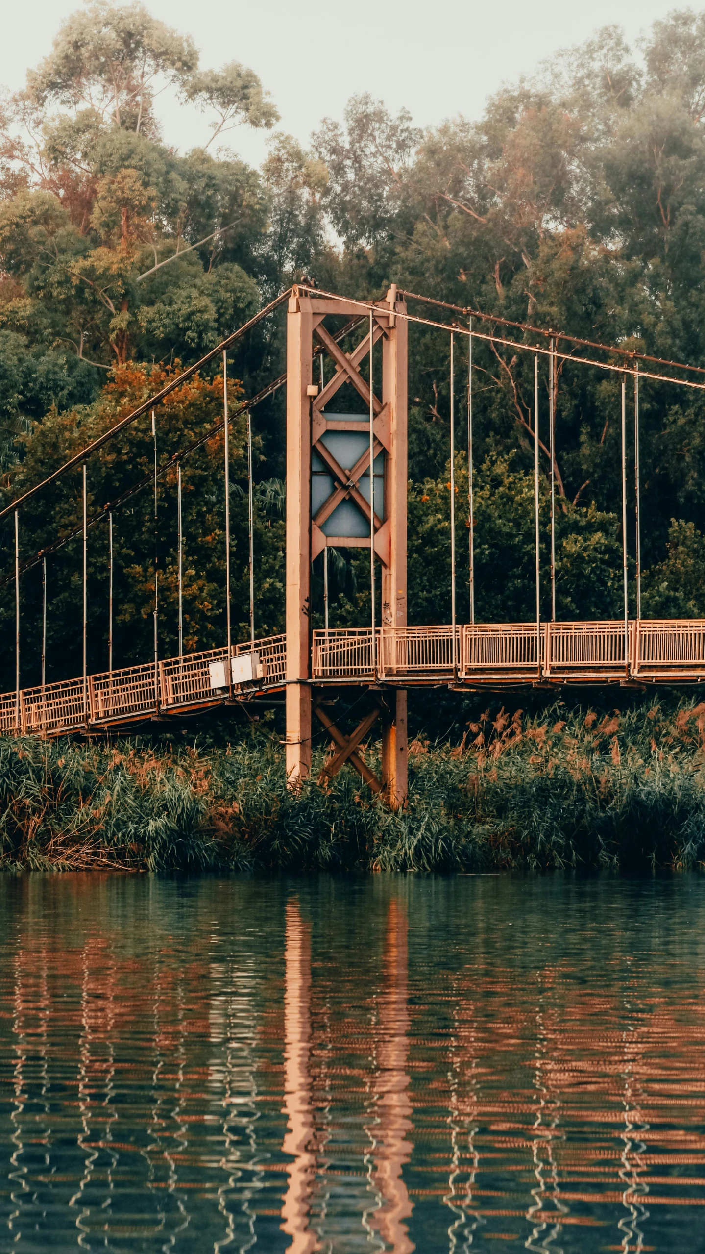 bridge spanning across river with trees and foliage in background