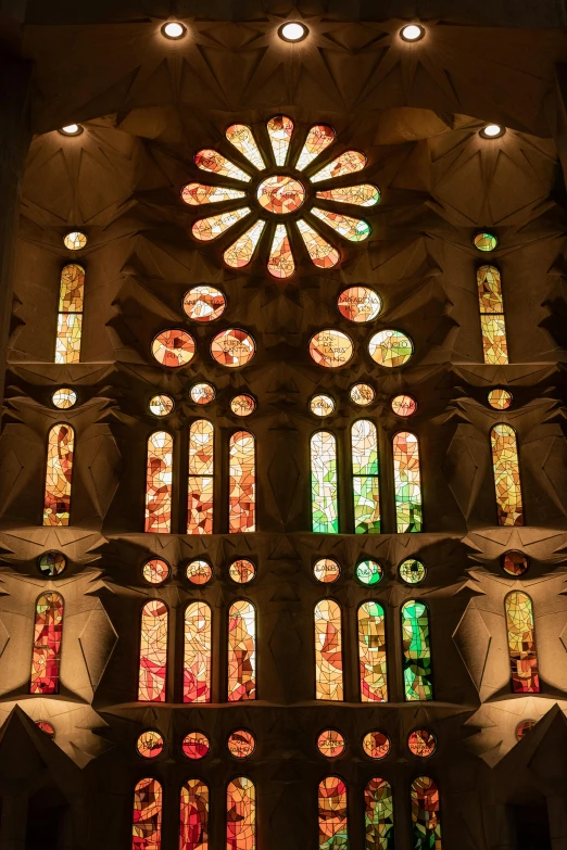 a view of an intricate colored window in a church