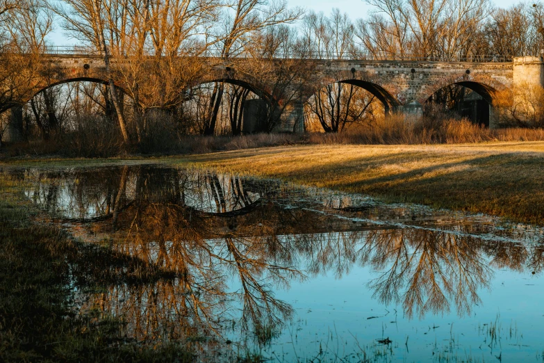 an old stone bridge over a still pond
