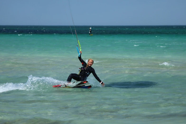 the man is kite surfing on clear water