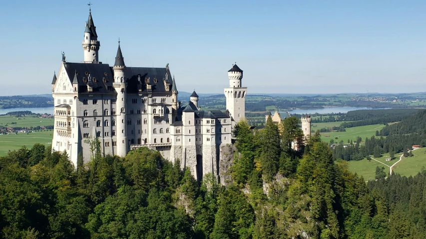 a castle sits atop a hill in the middle of a forest