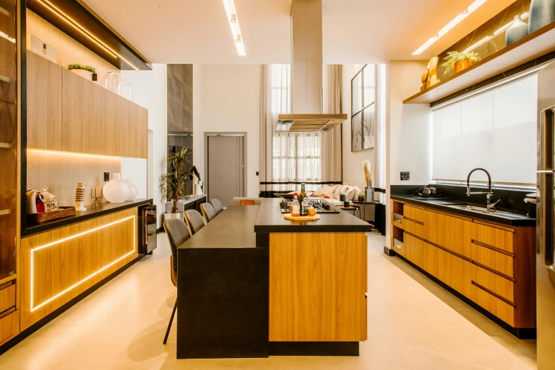 a kitchen with some wood cabinetry and black counters