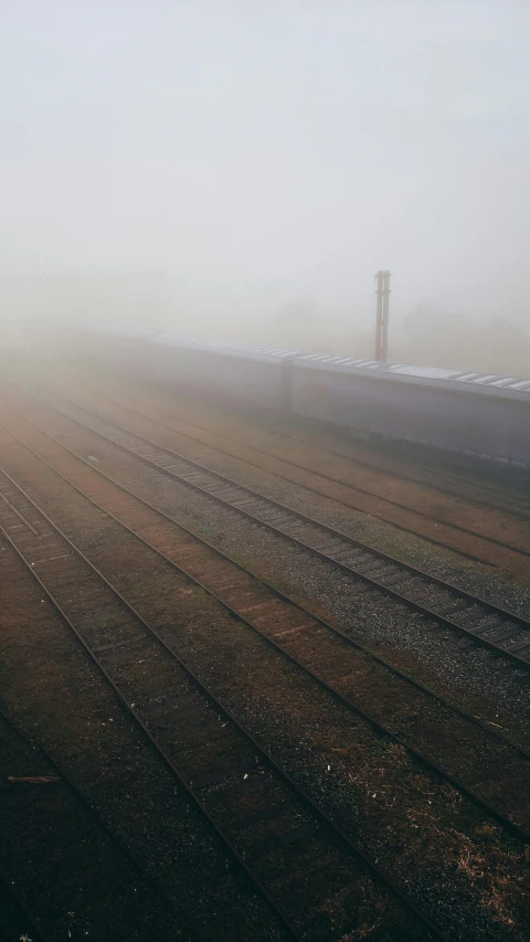 train on the tracks in the middle of fog