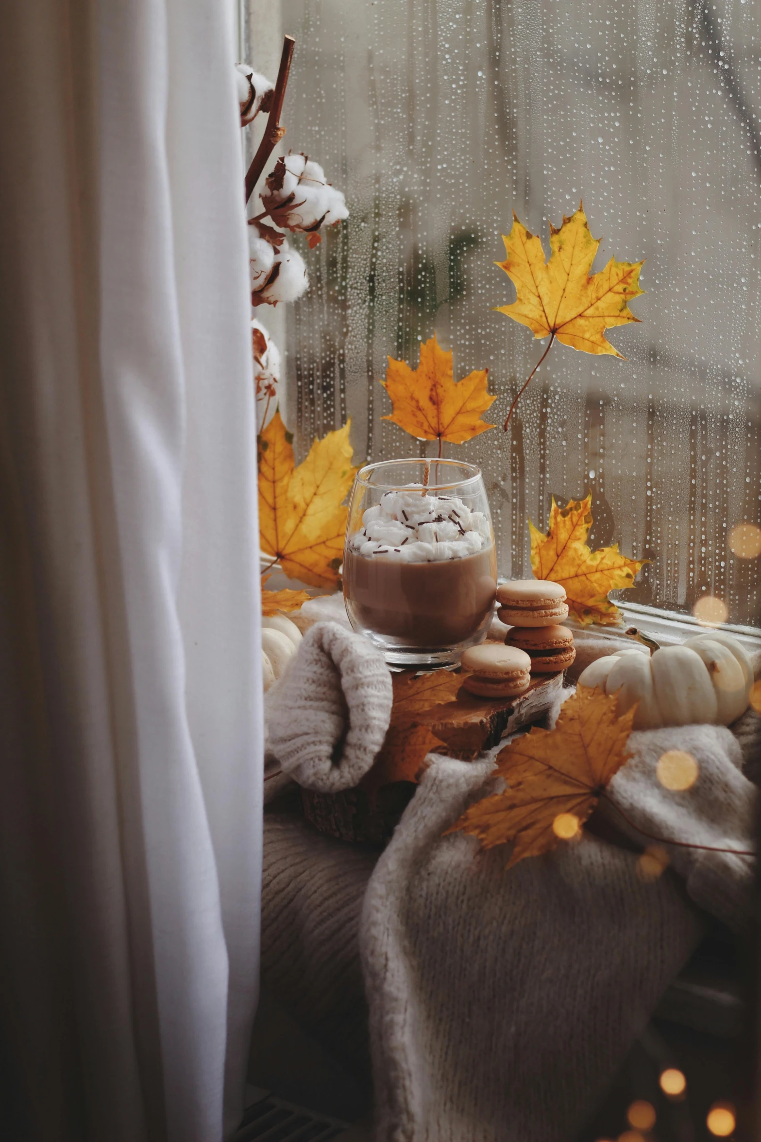 a window display with cookies, maple leaves and marshmallows