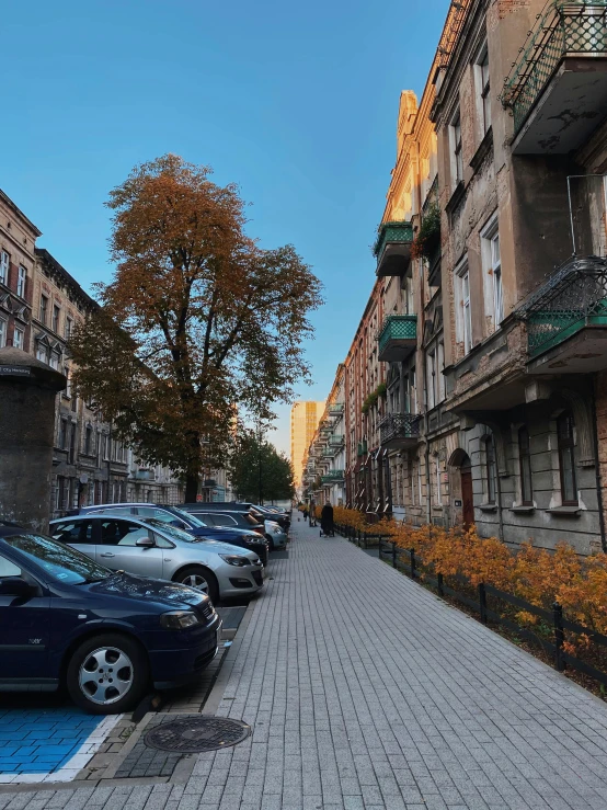 rows of cars sit parked along the sidewalk of a residential area