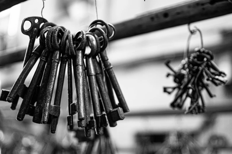 an old bunch of keys hanging from chains