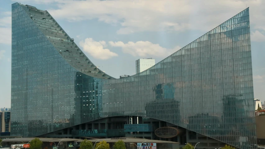 the glassed and angular design of an office building