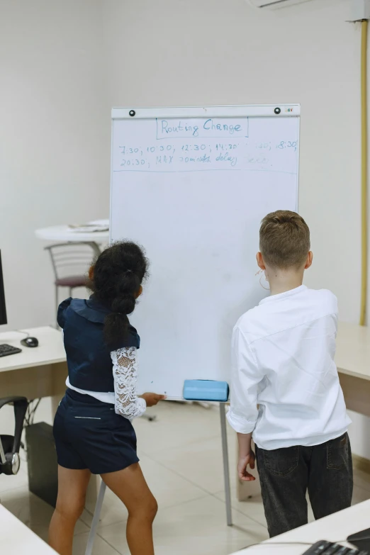 a man and a woman giving a presentation on a white board