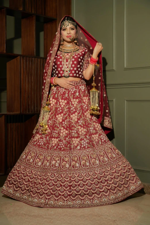 indian bride in red and gold bridal dress posing for the camera