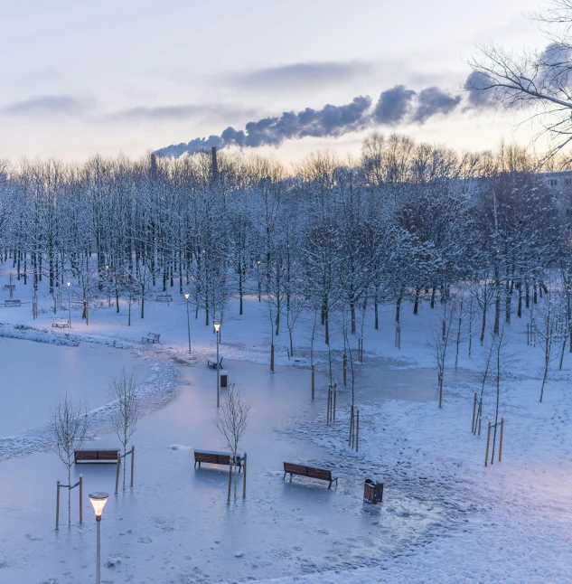 a field covered in snow and surrounded by bare trees