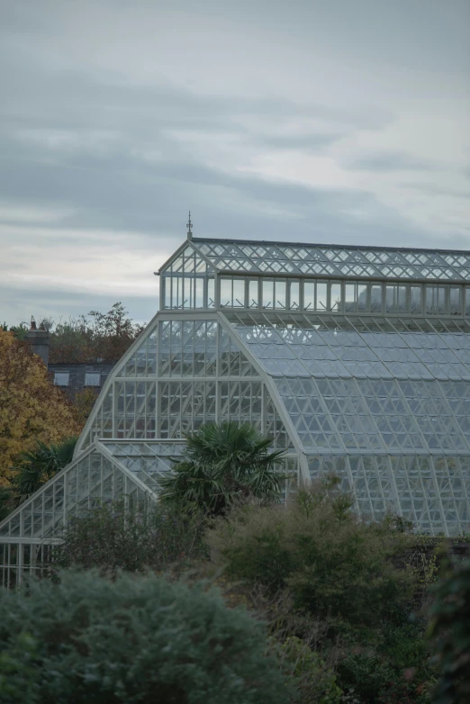 there is a very large greenhouse and the roof is made of glass