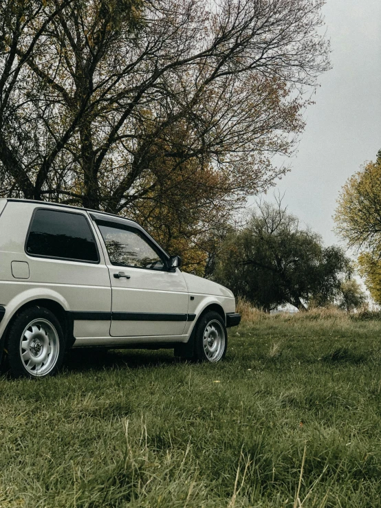 a white car sitting in the grass near a tree