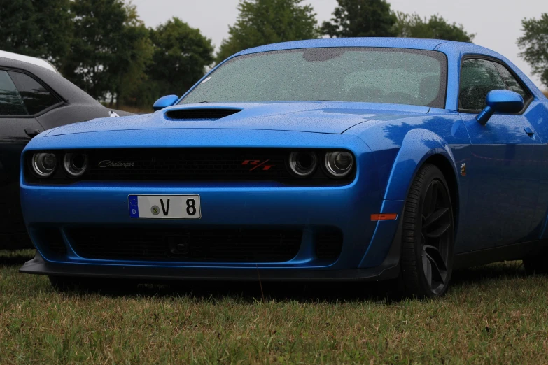 a blue dodge car parked on grass in the middle of a park