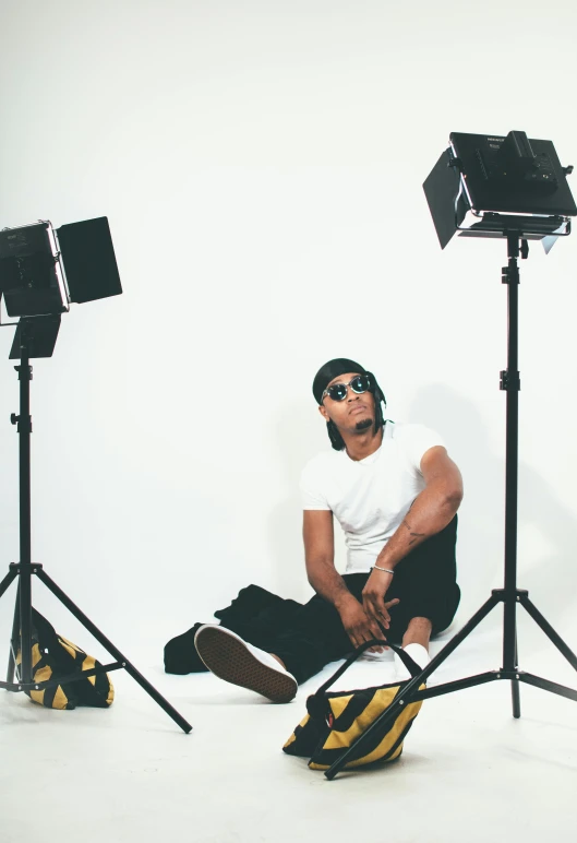 a man sitting on the floor next to his musical equipment