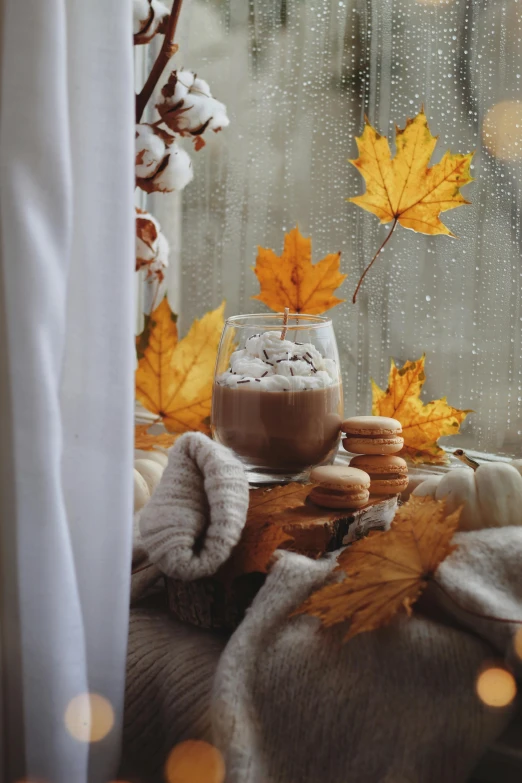 a cookie and marshmallow are served alongside warm drinks, while fallen leaves are placed on the window sill